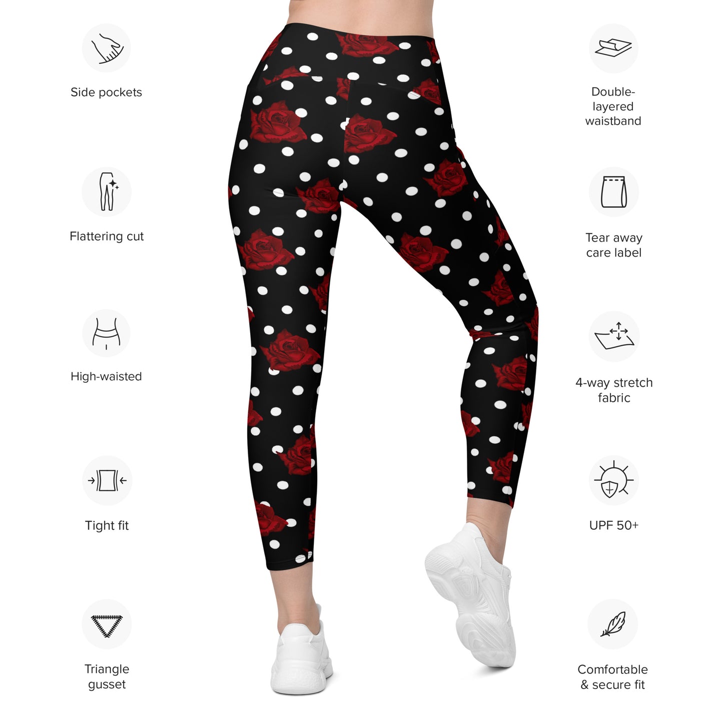 Black leggings with white polka dots and roses, Leggings with pockets, Retro leggings, 1940's pinup leggings, vintage style leggings