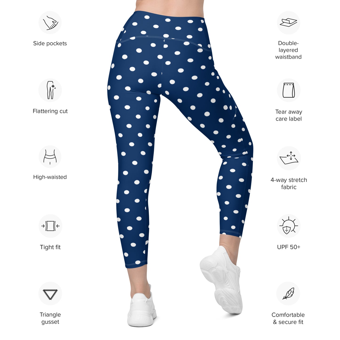 Retro Vintage leggings with polka dots, Navy leggings with white polka dots, anutcase, Leggings with pockets