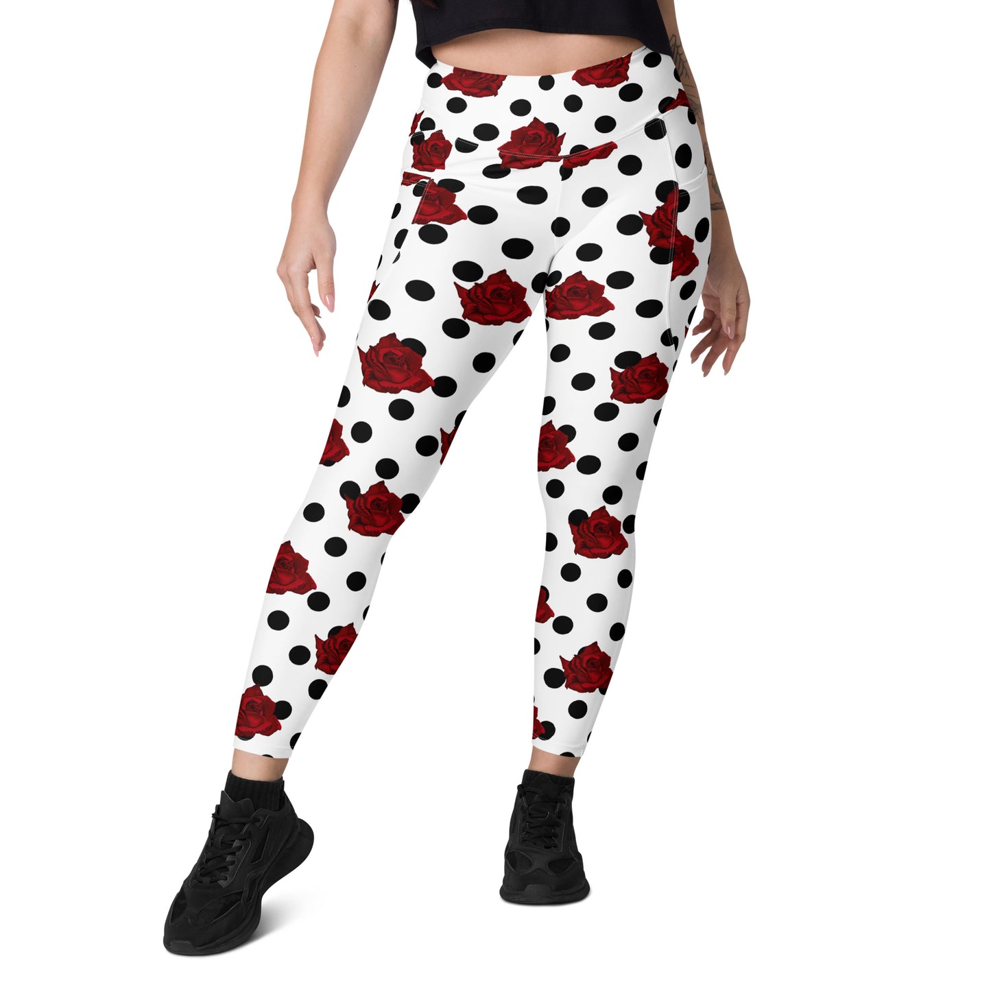 Polka dot Leggings with pockets, White leggings with black dots and roses, 1940''s Pin up leggings, Vintage style leggings