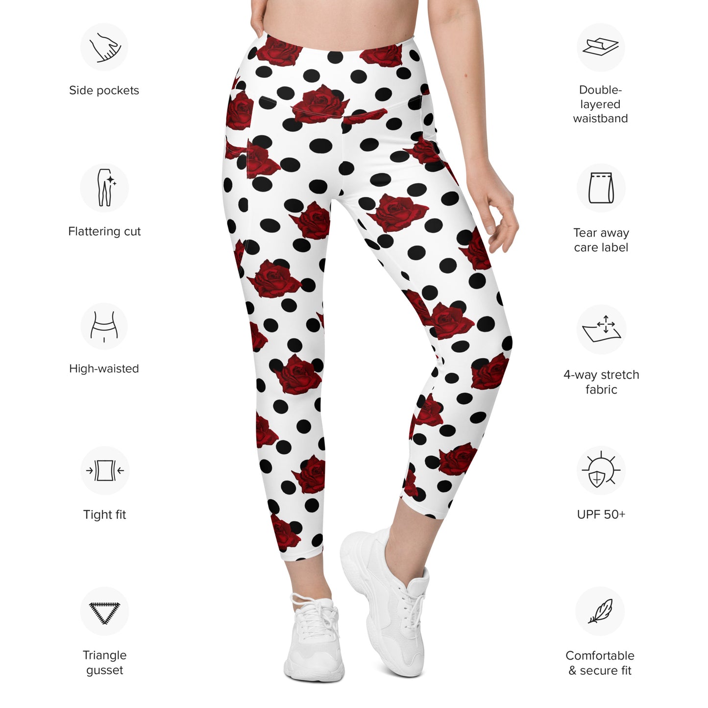 Polka dot Leggings with pockets, White leggings with black dots and roses, 1940''s Pin up leggings, Vintage style leggings