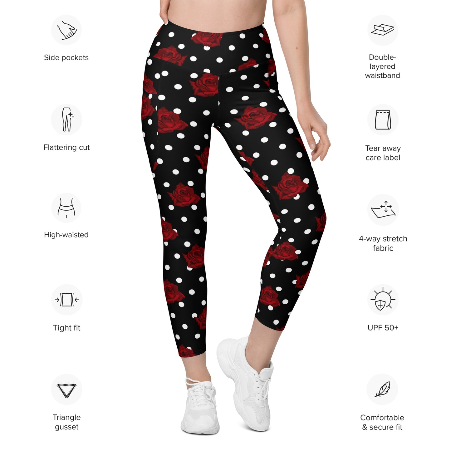 Black leggings with white polka dots and roses, Leggings with pockets, Retro leggings, 1940's pinup leggings, vintage style leggings