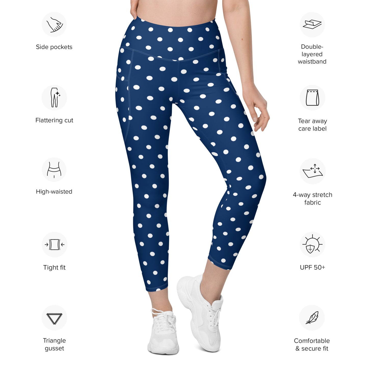 Retro Vintage leggings with polka dots, Navy leggings with white polka dots, anutcase, Leggings with pockets