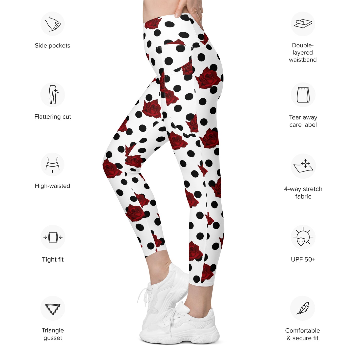 Polka dot Leggings with pockets, White leggings with black dots and roses, 1940''s Pin up leggings, Vintage style leggings