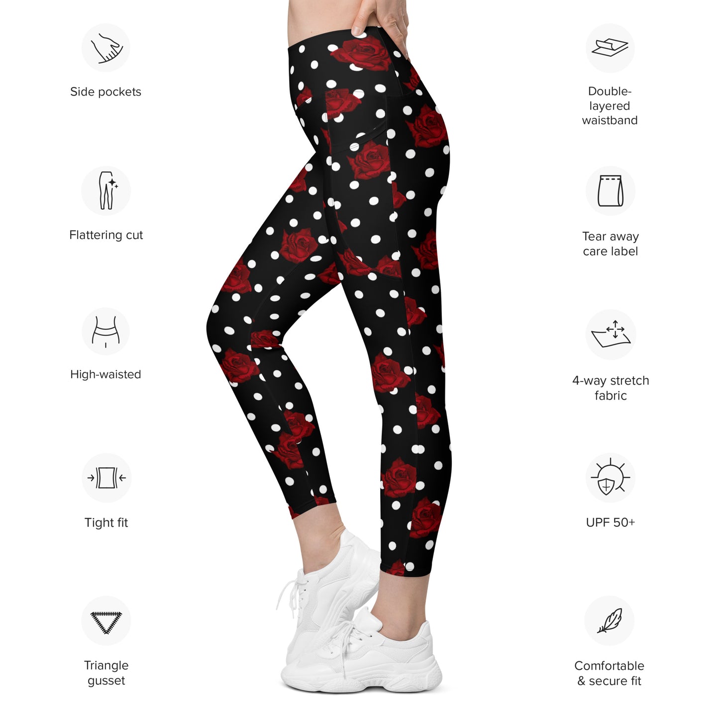 Black leggings with white polka dots and roses, Leggings with pockets, Retro leggings, 1940's pinup leggings, vintage style leggings