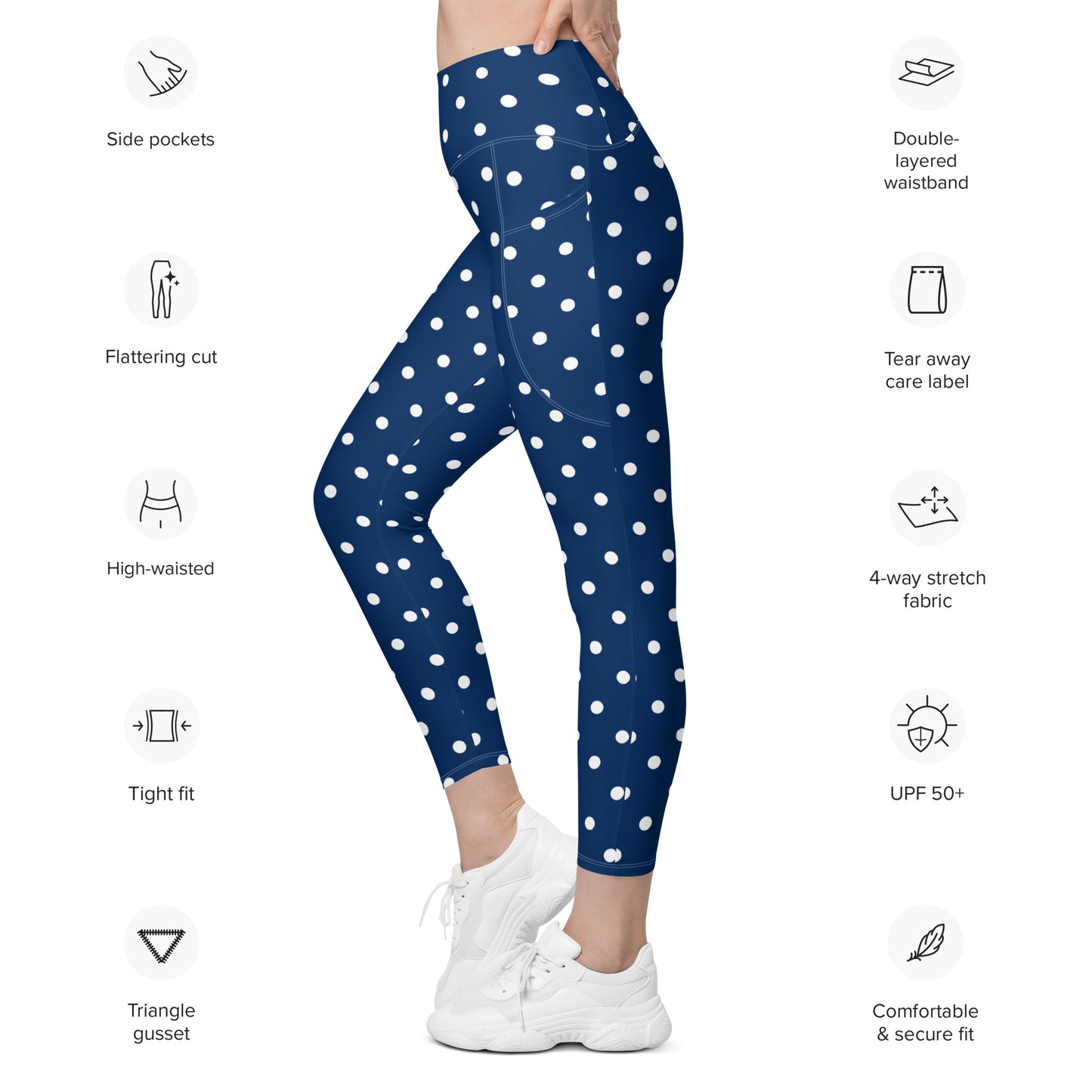 Retro Vintage leggings with polka dots, Navy leggings with white polka dots, anutcase, Leggings with pockets