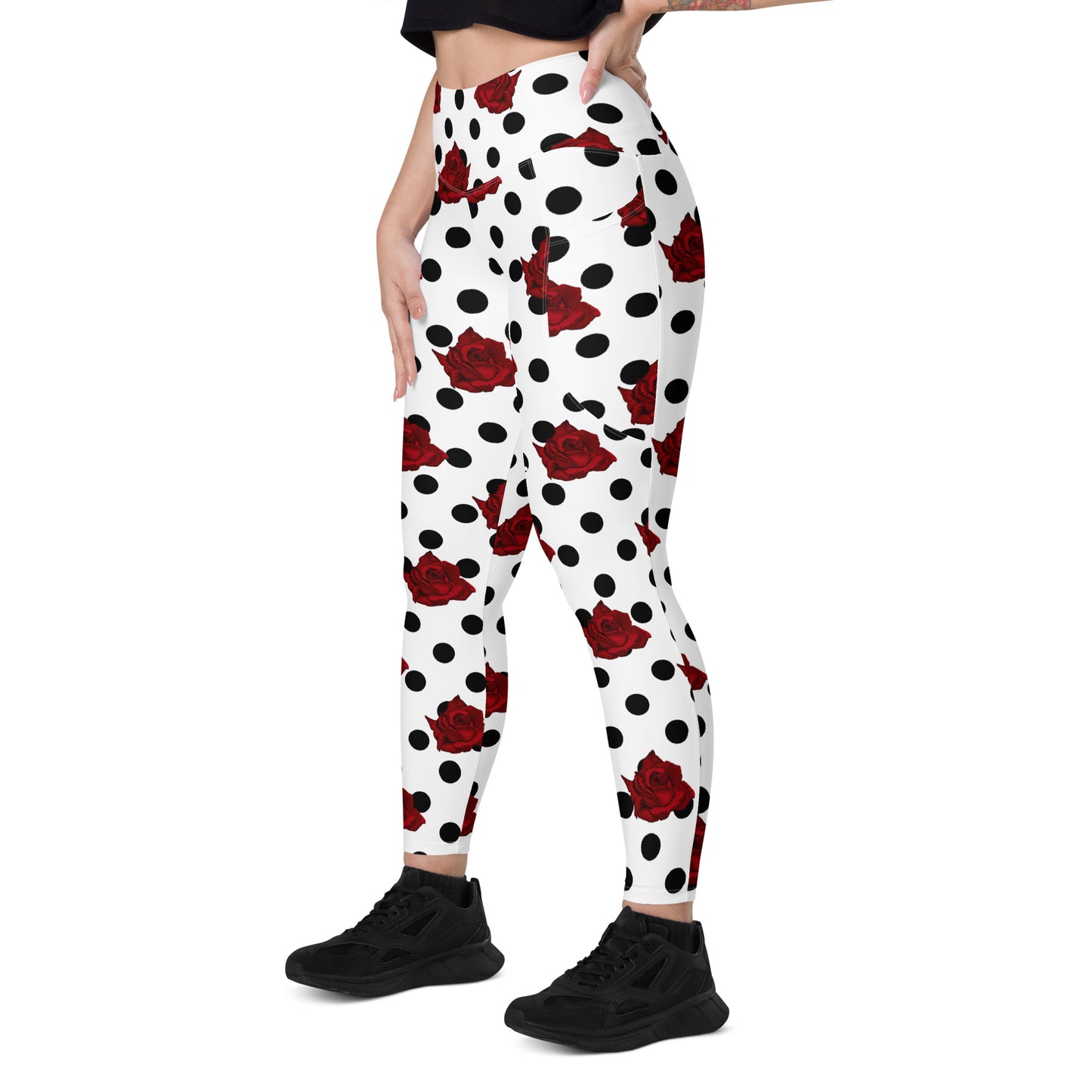 Polka dot Leggings with pockets, White leggings with black dots and roses, 1940''s Pin up leggings, Vintage style leggings