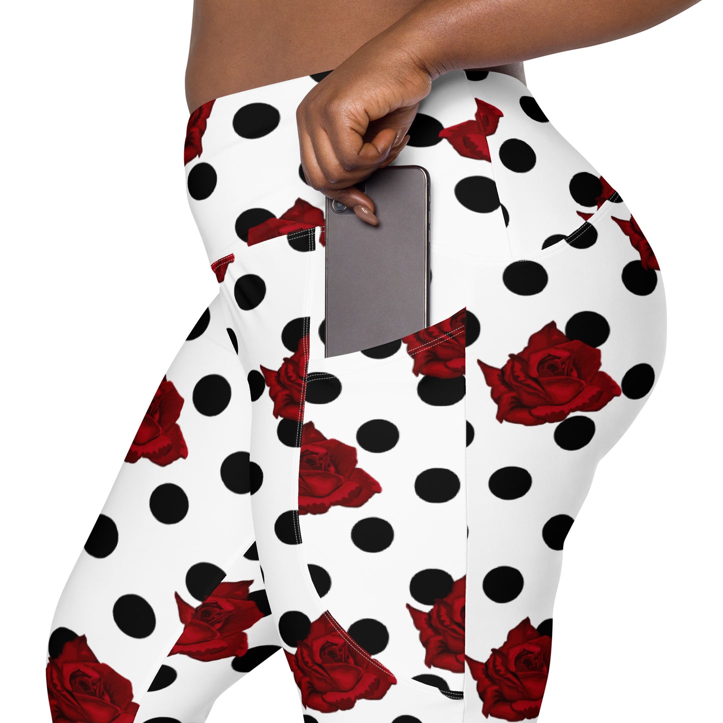 Polka dot Leggings with pockets, White leggings with black dots and roses, 1940''s Pin up leggings, Vintage style leggings