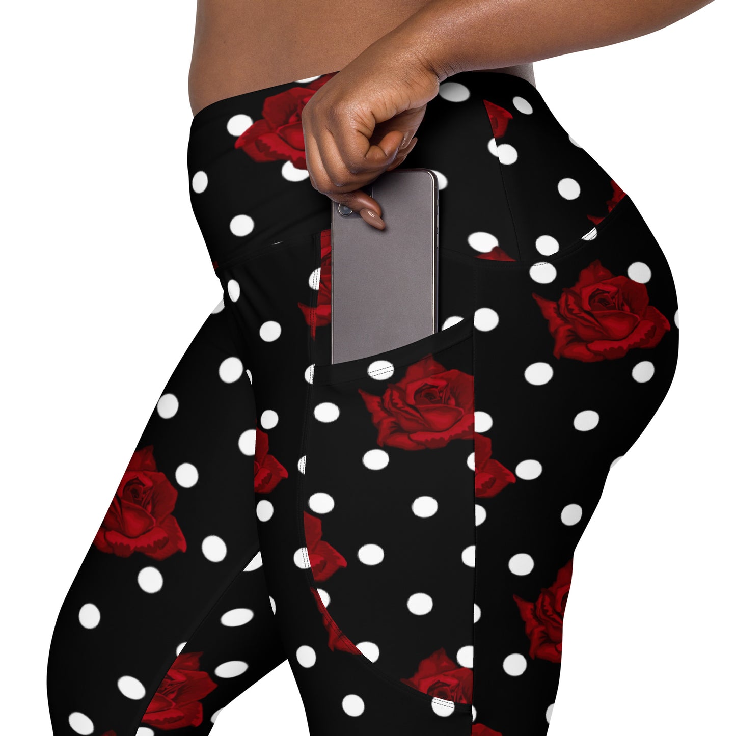 Black leggings with white polka dots and roses, Leggings with pockets, Retro leggings, 1940's pinup leggings, vintage style leggings