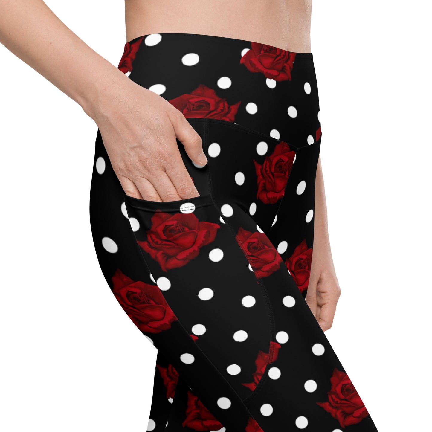 Black leggings with white polka dots and roses, Leggings with pockets, Retro leggings, 1940's pinup leggings, vintage style leggings