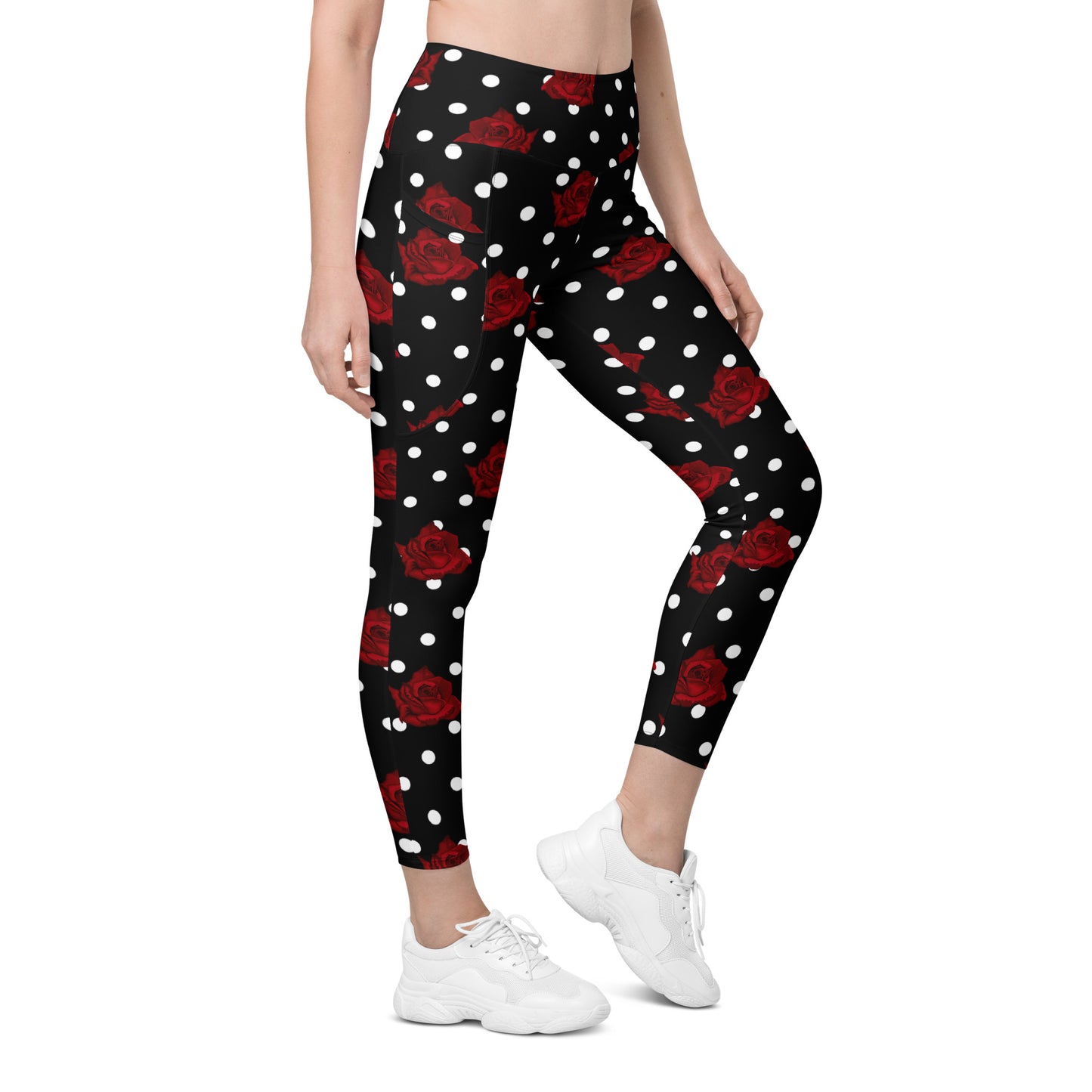 Black leggings with white polka dots and roses, Leggings with pockets, Retro leggings, 1940's pinup leggings, vintage style leggings